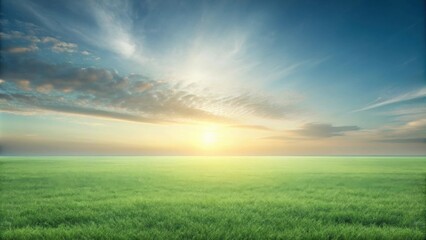 Sunrise over a vast green field, with a hazy sky and fluffy clouds