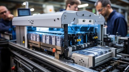 A group of people are working on a machine that is covered in blue lights