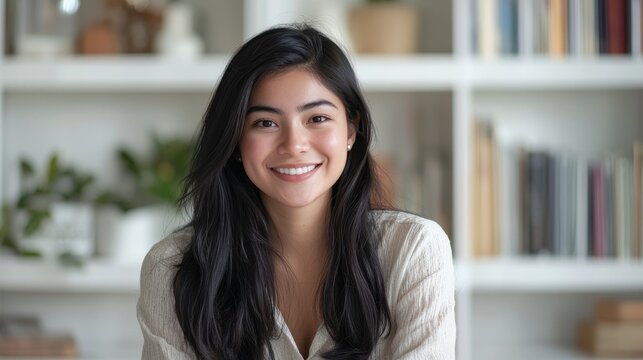 Cheerful young woman with black hair smiling in a modern, cozy room