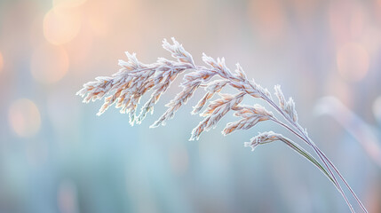 Frosted Plant Macro Shot with Soft Pastel Colors in Winter Landscape, Blurry Background, Close-Up Detail, Natural Beauty, Cold Season, Botanical, Serene, Artistic Frost Texture