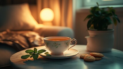A cozy scene featuring a cup of tea, cookies, and a plant in a warm, inviting setting.