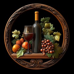 3D carved wooden bas-relief of a bottle and a glass of wine surrounded by fruit on the table with a circular frame. Image for winery.