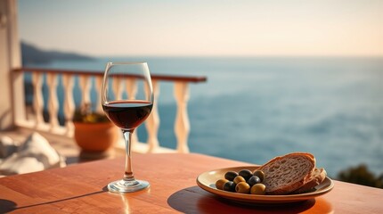 Glass of red wine on a table with a cozy mood beside bread and olives overlooking the ocean
