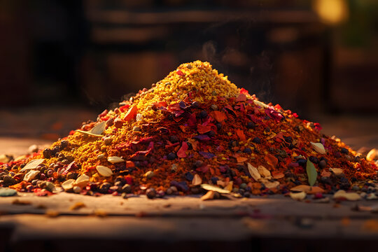 Piles of differnt colorful spices, aromatic ingredient