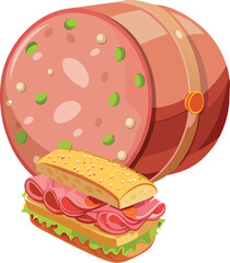 Big sausage with vegetables and sandwich with lettuce and slices of meat © frrlbt