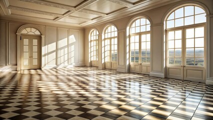 A Spacious Room with Large Arched Windows and a Checkerboard Tile Floor Illuminated by Sunlight Streaming Through the Windows