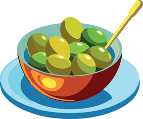 Bowl overflowing with green olives and small wooden spoon