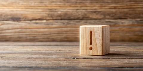 A wooden block with an exclamation mark on a rustic wooden surface, representing a reminder or warning