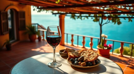 Glass of red wine on a terrace with a cozy mood next to fresh bread and olives overlooking the sea