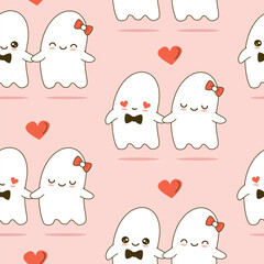 cute hand drawn cartoon character ghost couple in love for Valentine's day holiday funny romantic seamless vector pattern background illustration  