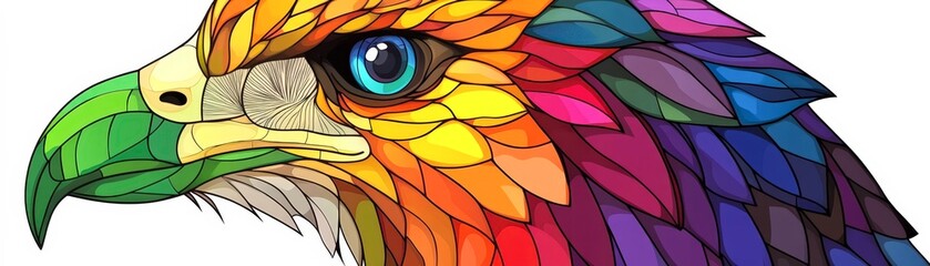 A vibrant, stylized depiction of an eagle's head, featuring a kaleidoscope of colors and intricate details, Ideal for nature and wildlife projects, art posters, or educational materials,