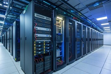 Naklejka premium Powerful Computing Hardware in a Data Center: Telecommunications Equipment in Server Racks Showcasing Internet Provider's Central Technical Platform for Optimal Performance