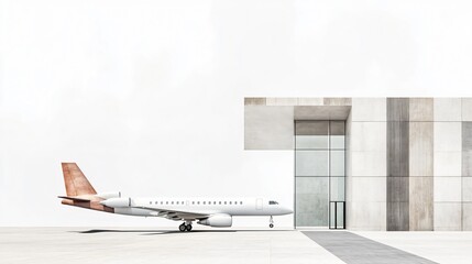 Modern airport terminal with airplane parked outside. Travel and architecture concept.