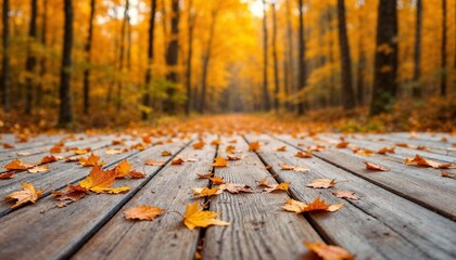 Orange Leaves And Wooden Plank At Sunset In Forest, Autumn Table 