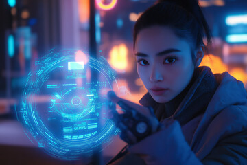 Futuristic Woman Analyzing Digital Marketing Trends Using Generative AI in E-Commerce