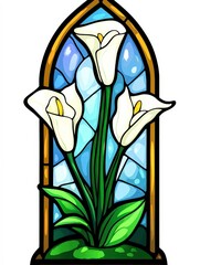 A vibrant stained glass window featuring white calla lilies against a blue backdrop, perfect for use in religious contexts, art projects, or home d&Atilde;&copy;cor, It symbolizes purity and elegance,