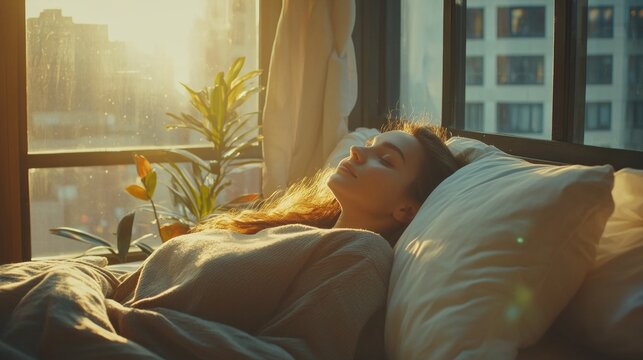 Soft sunlight filters through the window as a woman enjoys a peaceful slumber in her cozy bedroom, surrounded by gentle greenery and warmth. The atmosphere exudes calm