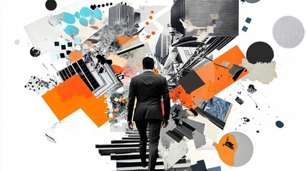 Businessman Ascends Staircase in Abstract Cityscape Collage