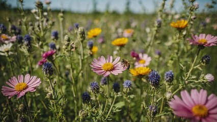 Obraz premium Bunte blühende Sommerwiese mit Wildblumen für Bienen und Insekten
