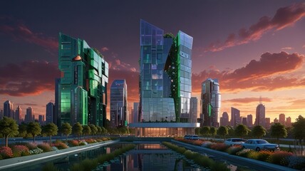 Fototapeta premium Futuristic Cityscape Featuring Modern Green Architecture at Sunset