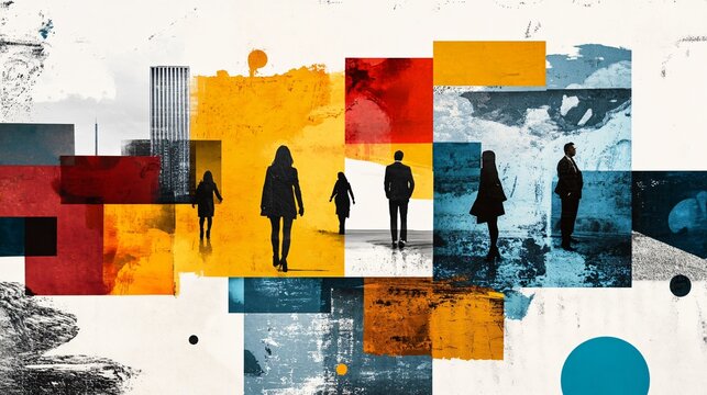 Silhouettes of business professionals in a dynamic urban setting, blending abstract shapes and textures with a sense of movement and purpose.