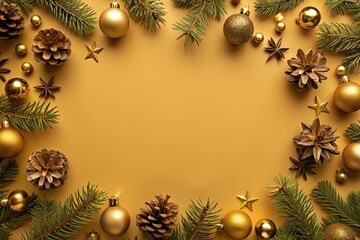 Festive arrangement of golden ornaments and pinecones on a warm yellow backdrop for a cozy holiday celebration. Generative AI