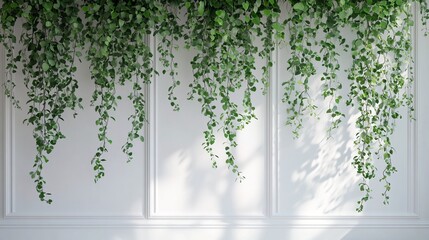 Obraz premium Greenery cascading over pristine white panels: A serene indoor garden scene.