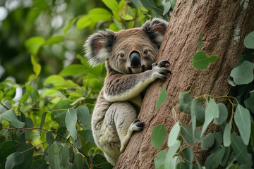 Fototapeta premium Koala climbs eucalyptus tree in a lush Australian habitat during daytime