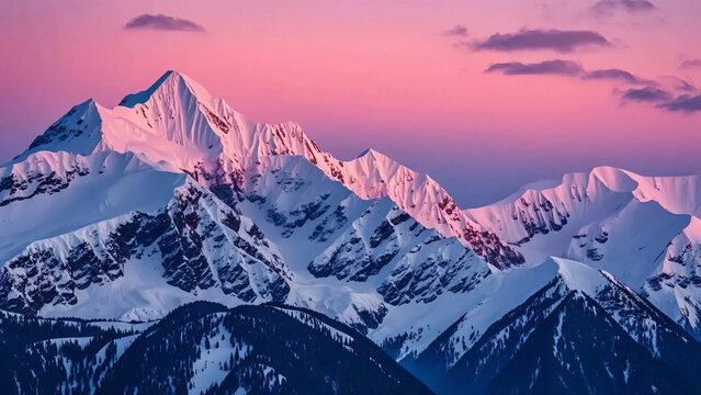 mountains in the snow Aerial View from Airplane of Snow Covered Canadian Mountain Landscape in Winter. Colorful Pink Sky Art Render. Near Squamish, North of Vancouver, British Columbia, Canada.