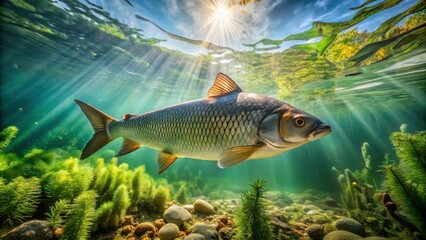 A large fish swims through a shallow, sun-drenched river, casting a shadow on the riverbed below.