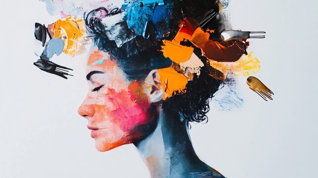 Abstract portrait of a woman with colorful paint strokes. Modern art, expressive and creative style.