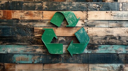 Recycling Symbol on Distressed Wooden Planks: Reducing Waste and Promoting Sustainability