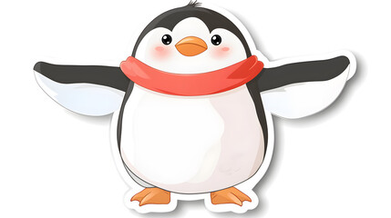 Obraz premium Chubby cartoon penguin with red scarf, smiling and spreading wings happily