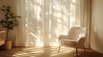 Fototapeta premium Sunlit Serenity: A Corner of Tranquility with Cream Curtains, Wooden Chair, and Potted Plant