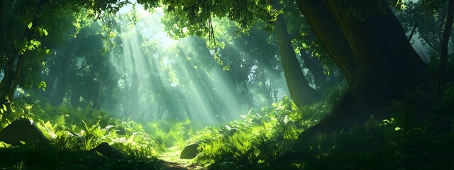A lush, green forest with tall trees and sunlight filtering through the leaves, creating an enchanting atmosphere