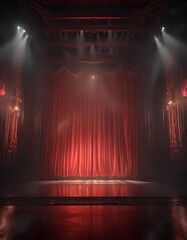 Dark red stage lights illuminating a darkened theatre, dimmed lights, performance, dark ambiance