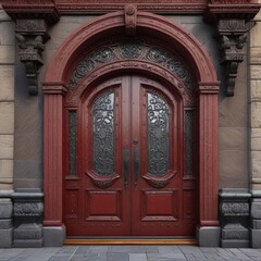 Dark red stone doorway with ornate metalwork and carved wooden accents, ornate metal, mystical