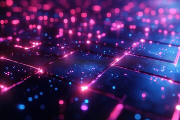 Obraz premium Abstract visualization, which is a luminous grid with bright, pulsating points.