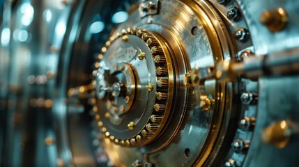 Fototapeta premium Close-up image of an old-fashioned safe deposit vault door with a prominent golden lock mechanism. Intricate design conveys security and opulence.