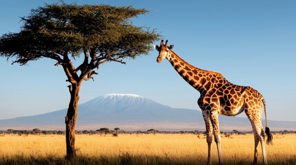 Fototapeta premium A vibrant safari scene of a giraffe feeding on an acacia tree, with distant mountains and golden grasslands stretching to the horizon.