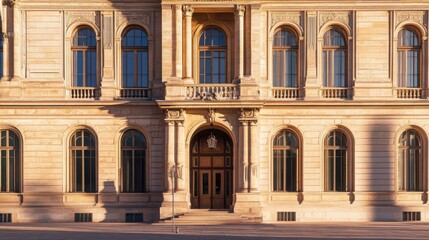 Fototapeta premium International court facade with grand architecture and flagpoles, symbolizing justice and global cooperation in resolving disputes.