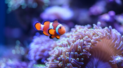 Fototapeta premium Vibrant underwater scene: Clownfish with orange body and white stripes swims among purple sea anemone and corals, surrounded by blue and green plants, creating a peaceful ambiance.