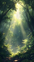 Obraz premium A lush, green forest with tall trees and sunlight filtering through the leaves, creating an enchanting atmosphere