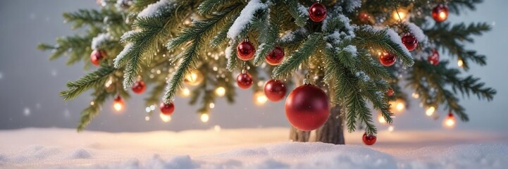 Frosty evergreen tree with ornaments and lights isolated on a snowy white background, frosty, ornaments, full depth of field