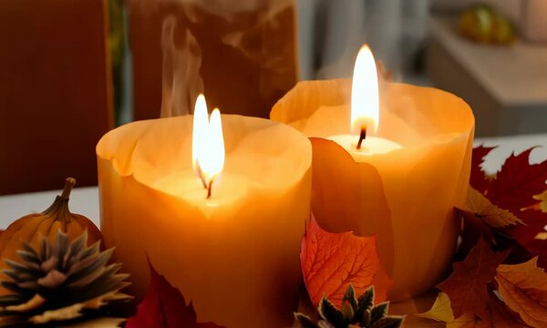  burning candles with autumn decor on white table at home