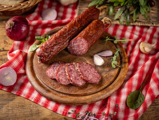 Sliced salami on wooden board
