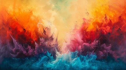 Fototapeta premium Abstract artwork with vibrant colors - blue center, warm orange, pink surroundings. Fluid blend evokes dynamic interplay, resembles sunset and aquatic theme.