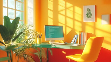 Fototapeta premium Sunlit Studio: A Vibrant Workspace With Greenery and Modern Design Elements