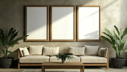 Modern Minimalist Living Room Interior Design with Blank Frames