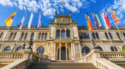 International court facade with grand architecture and flagpoles, symbolizing justice and global cooperation in resolving disputes.